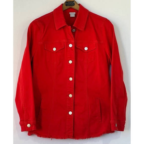 Chico's Jackets & Blazers - Chico's Denim Jacket Frayed Hem Button Front Women's M Red Excellent